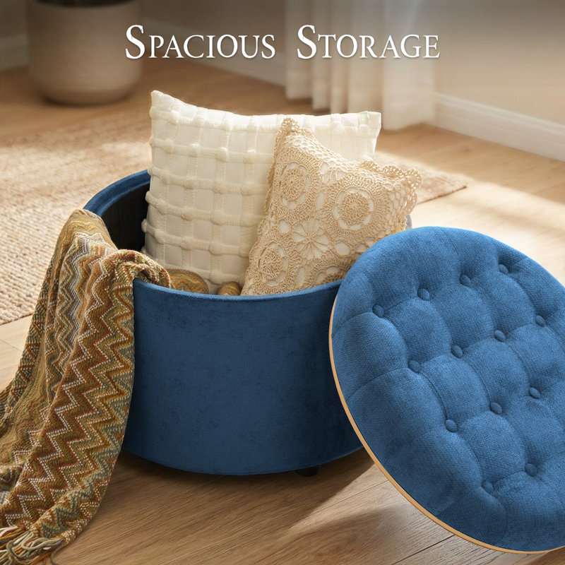 23.5" Wide Round Upholstered Ottoman With Storage, Blue