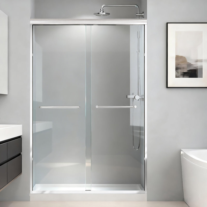 44-48 In. W X 72 In. H Semi-Frameless Sliding Shower Door In Chrome With 1/4 In. Thick Tempered Glass, Chrome