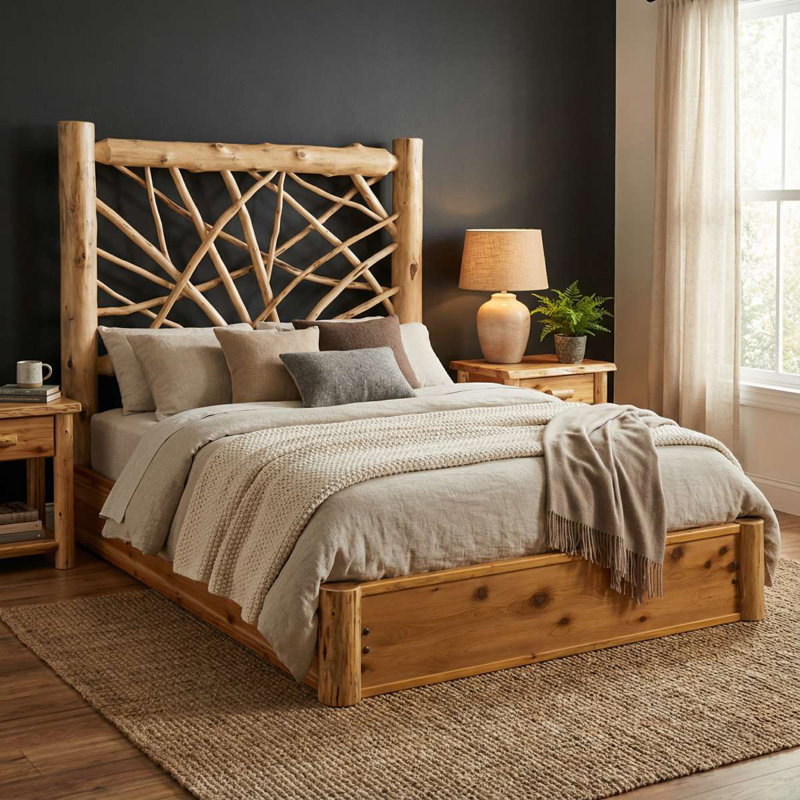 Fireside Lodge Cedar Log Twig Platform Bed - Double - Natural, Traditional Cedar, Full