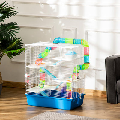 Très grande cage à hamster de 23 po à 5 niveaux avec tubes, poignées de transport portatives pour tunnel, roue d'exercice, bouteille d'eau et 5 plats de couleur bleu alimentaire