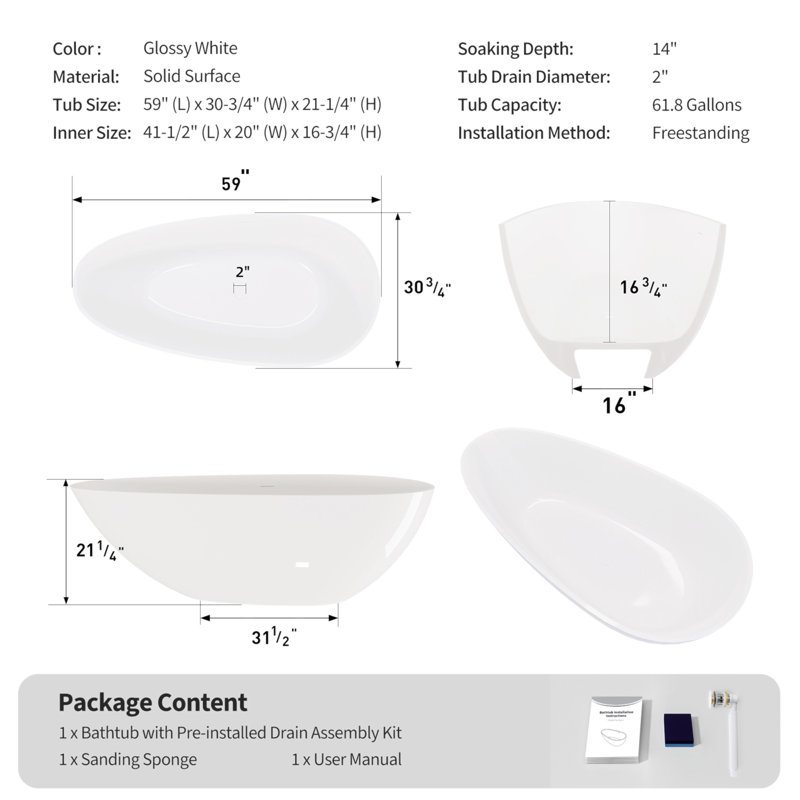 Baignoire autoportante de 59 po à surface solide, baignoire autoportante en résine de pierre de luxe fabriquée à la main avec trop-plein et bonde escamotable, blanc brillant GF-24S02-59GW