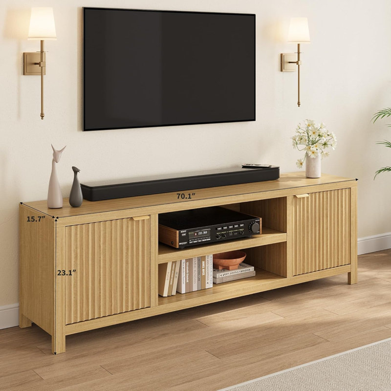 Fluted TV Stand for 80 Inch, Modern Entertainment Center with Storage, Wooden Media Console Cabinet with Fluted Door and Gold Handle for Living Room Bedroom
