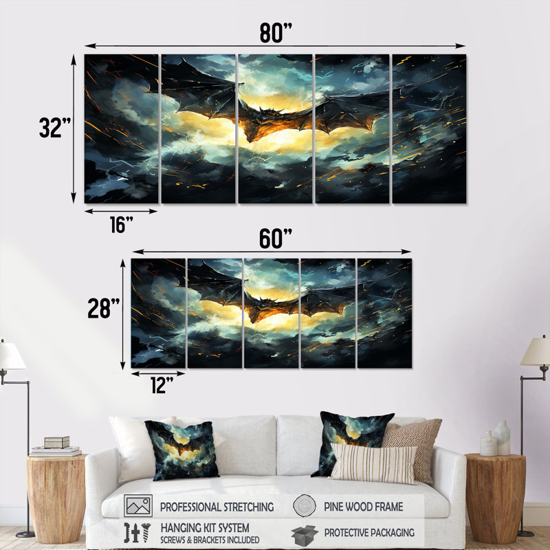 «Blue Watercolor Night Bat Charm I, 5 pièces» - 5 pièces, H 28 po x l 60 po