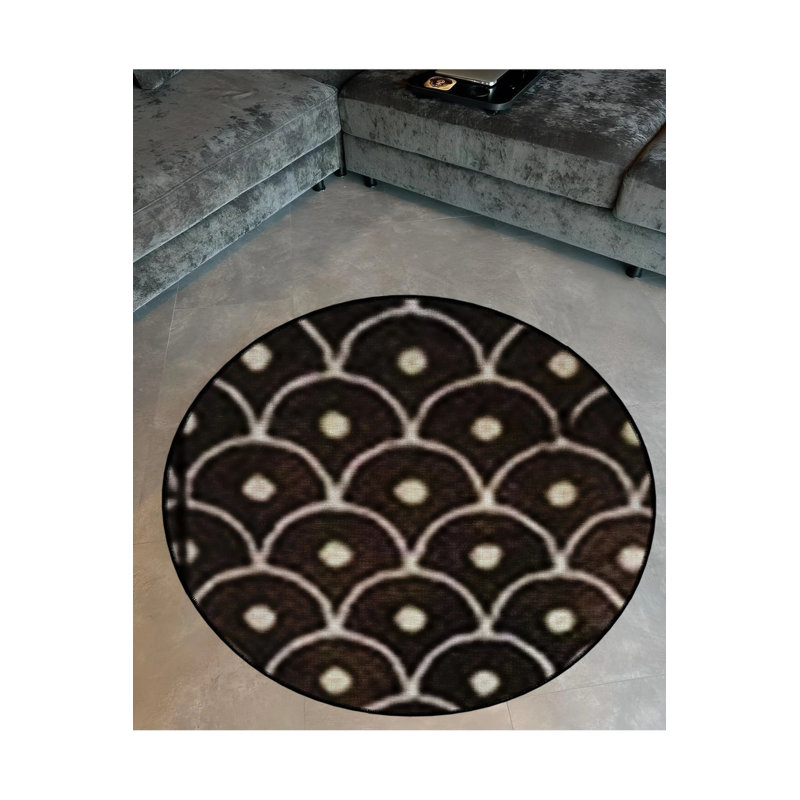 Dark Brown Theme Geometric Patterned Round Woven Base Modern Decorative Living Room, Round 3'4"