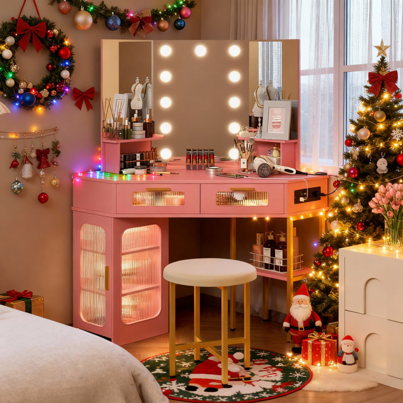 Coiffeuse moderne avec miroir lumineux Chantle, Rose/Or