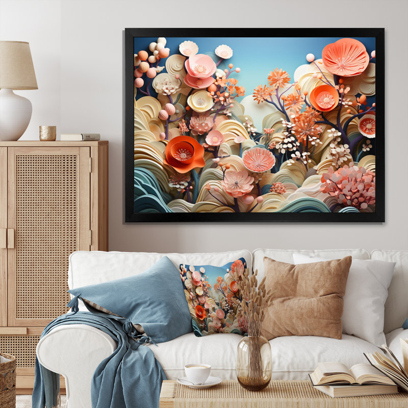 Coral Vibrant Reef Geometric - Coral Canvas Art Print, Cadre photo noir, H 24 po x l 32 po x P 1 po
