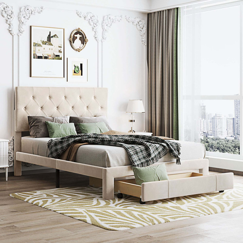 Lit plateforme avec rangement et velours, Double, Beige