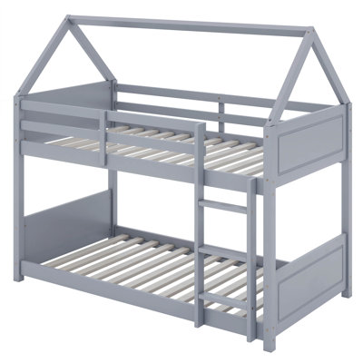Antrell Twin Over Twin House Bunk Bed, Floor Low Bunk Beds With Ladder And Guardrails by Harper Orchard