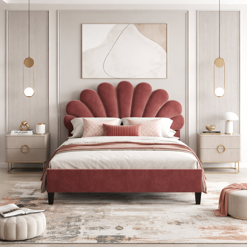 Lit plateforme tapissier avec tête de lit en velours à motif floral, Lit double, Rose