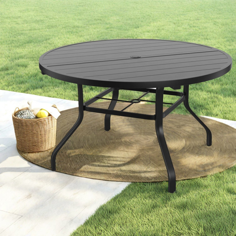 Patio Tables 47 In Metal Round, Modern Slat Top For Backyard Poolside