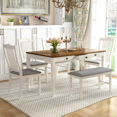 Mid-Century 6-Piece Wood Dining Table Set, Kitchen Table Set With Drawer, Upholstered Chairs And Bench