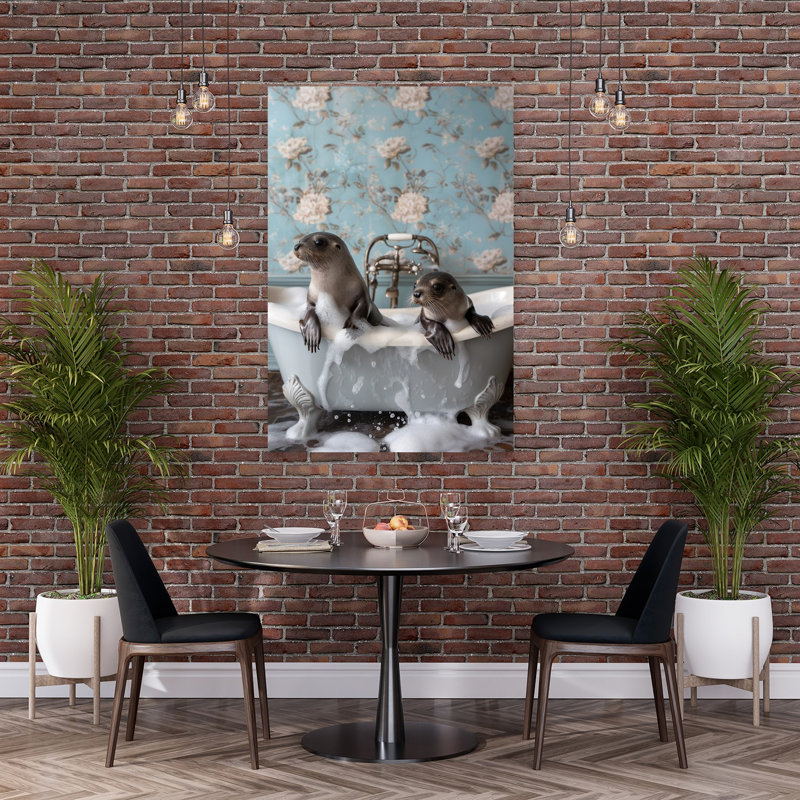 Baby Seals Bubble Bath Playful Vintage Animal Architecture Wall Art Print 1 Piece Wrapped Canvas Wall Art