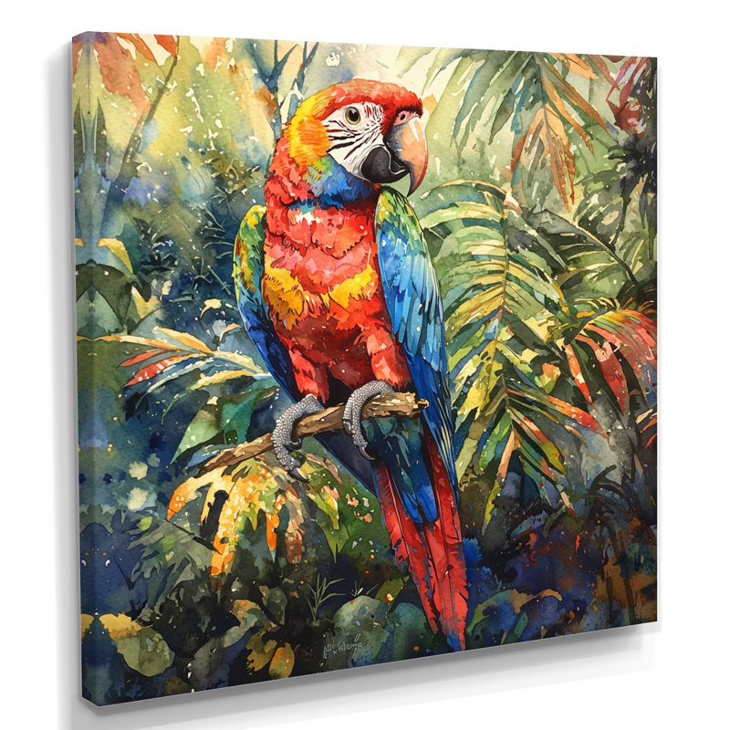 Cielle, perroquet tropical dans la forêt tropicale II - art mural grand perroquet, H 36 po x l 36 po, Toile tendue