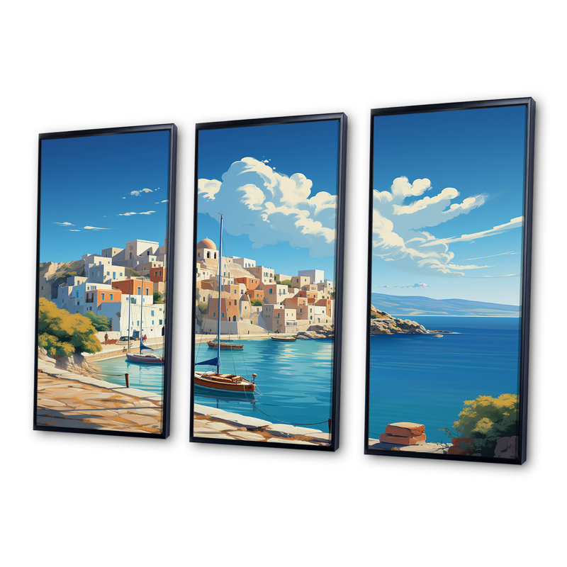 Syros Serenity Cape II - Port, paysage côtier, art mural, Cadre flottant noir, H 28 po x l 36 po x P 1 po