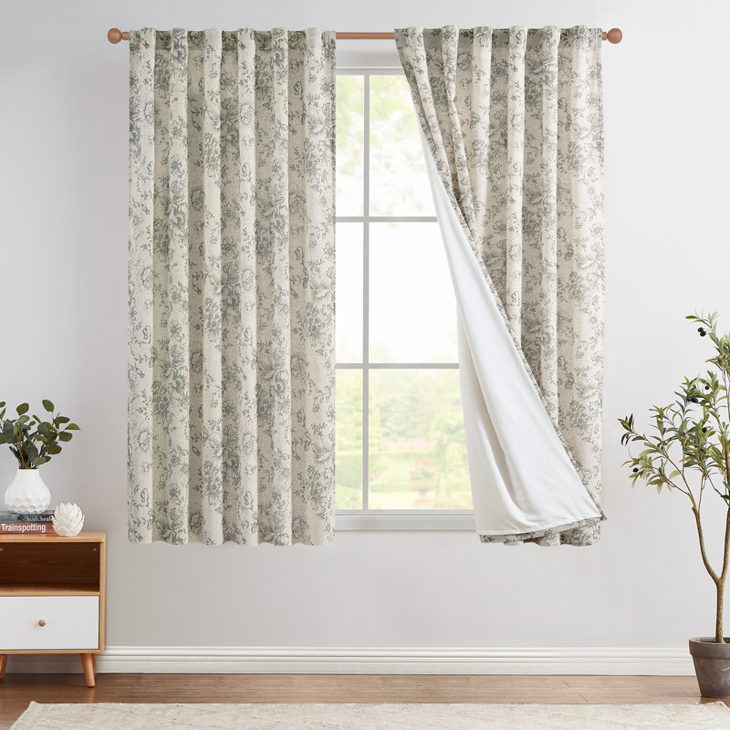 Linen Blackout Peony Flower Printed Rod Pocket Curtain Pair, 50" W x 63" L, Dark Gray