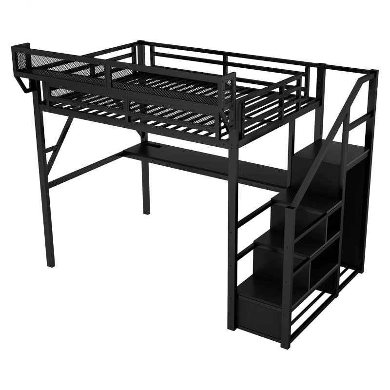 Structure de lit avec bureau et station de charge, lit mezzanine en métal avec escalier et lumière
