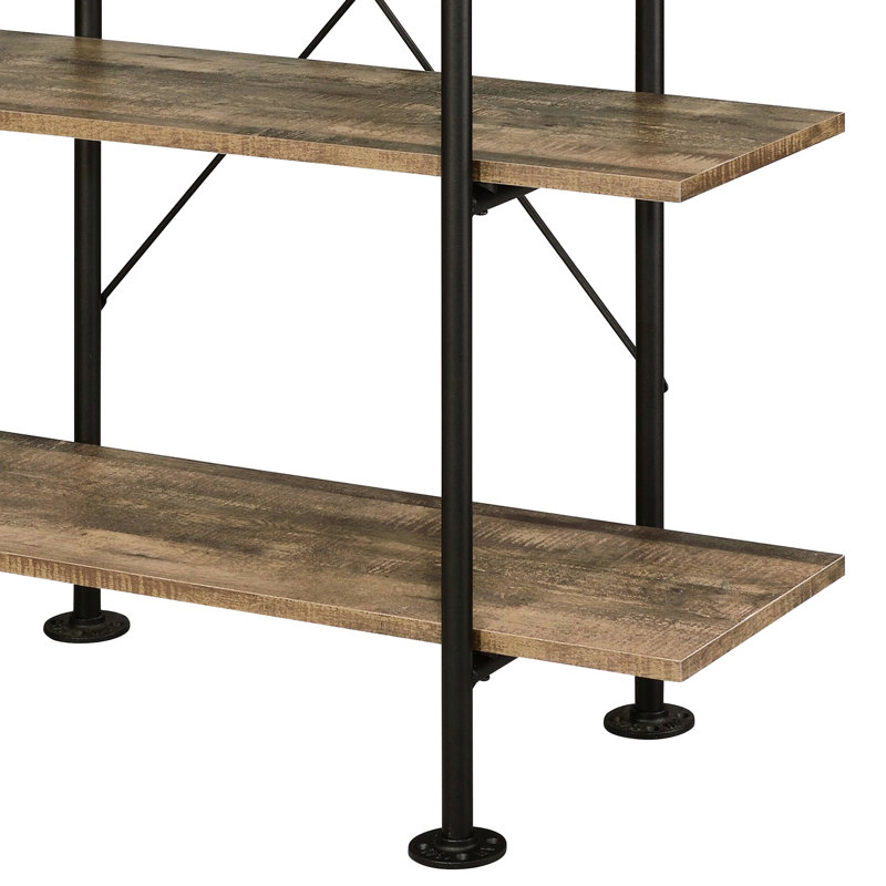 Rectangular Rustic Oak And Black 5-shelf Bookcase, Ideal For Displaying Books Collectibles Metal Base Enhances Bedroom Storage Style