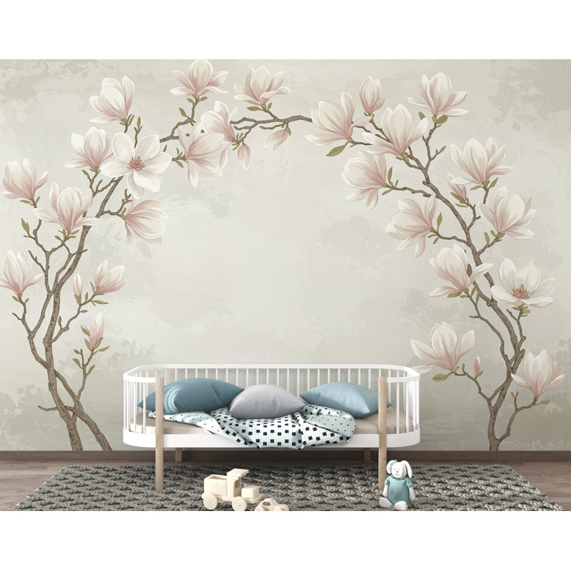 Élégant mur d'arbre de magnolia - Fleurs d'aquarelle peintes à la main | Papier peint romantique romantique (pelez et collez) 988DRS