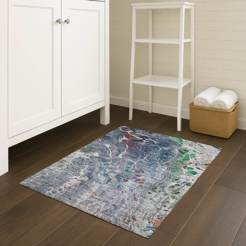 Tapis abstrait lavable à la machine intérieur / extérieur ACN2730, Bleu, 2 pi 6 po x 3 pi 10 po