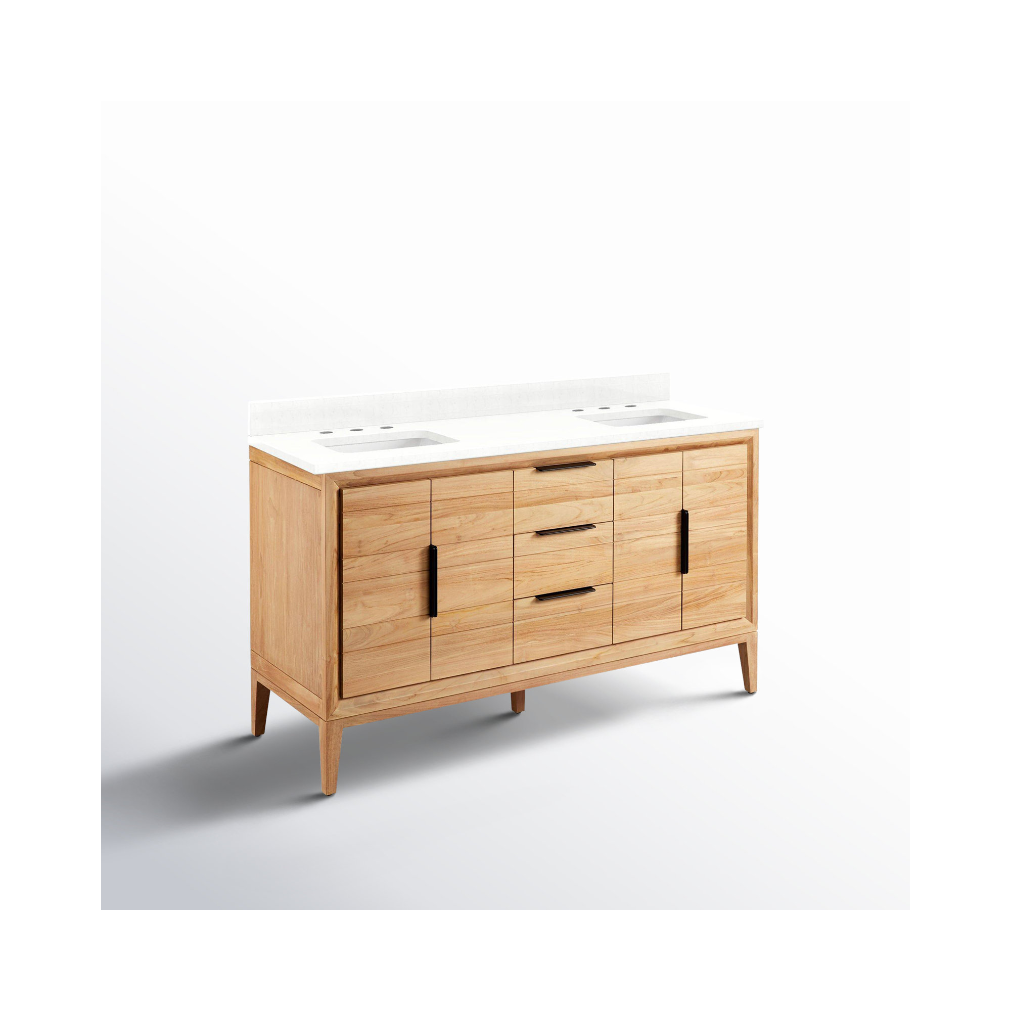 Aliso 60" Double Bathroom Vanity, Natural Teak, Feathered White Quartz, 8" Widespread