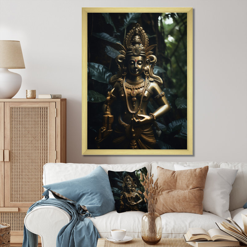 "Statue de dieu doré dans la jungle", reproduction sur toile, Cadre doré simple, H 44 po x l 34 po x P 1,5 po