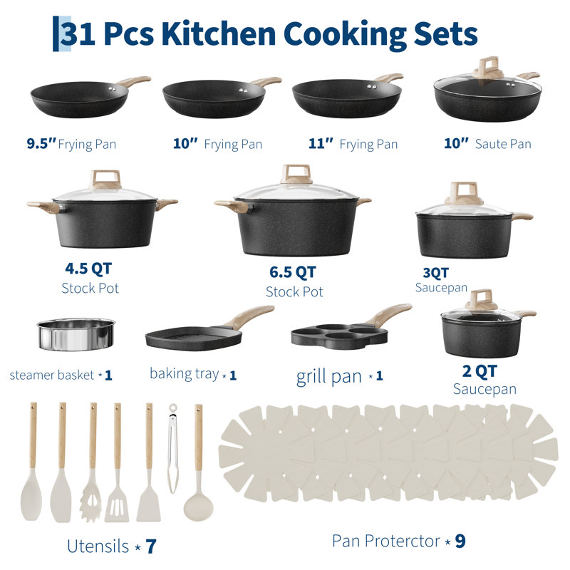 31-Piece Nonstick Ceramic Cookware Set for Induction - Pots & Pans Set with Frying Pans, Saucepans, Stockpot, Steamer & Utensils - White