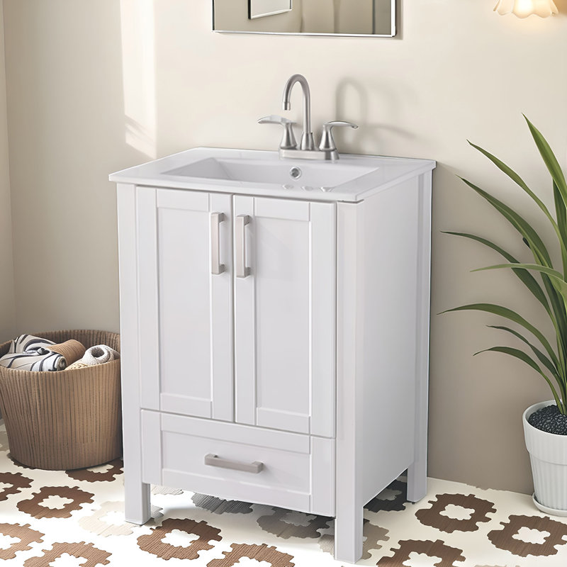 24'' Modern White Free standing Single Bathroom Vanity with Ceramic Top