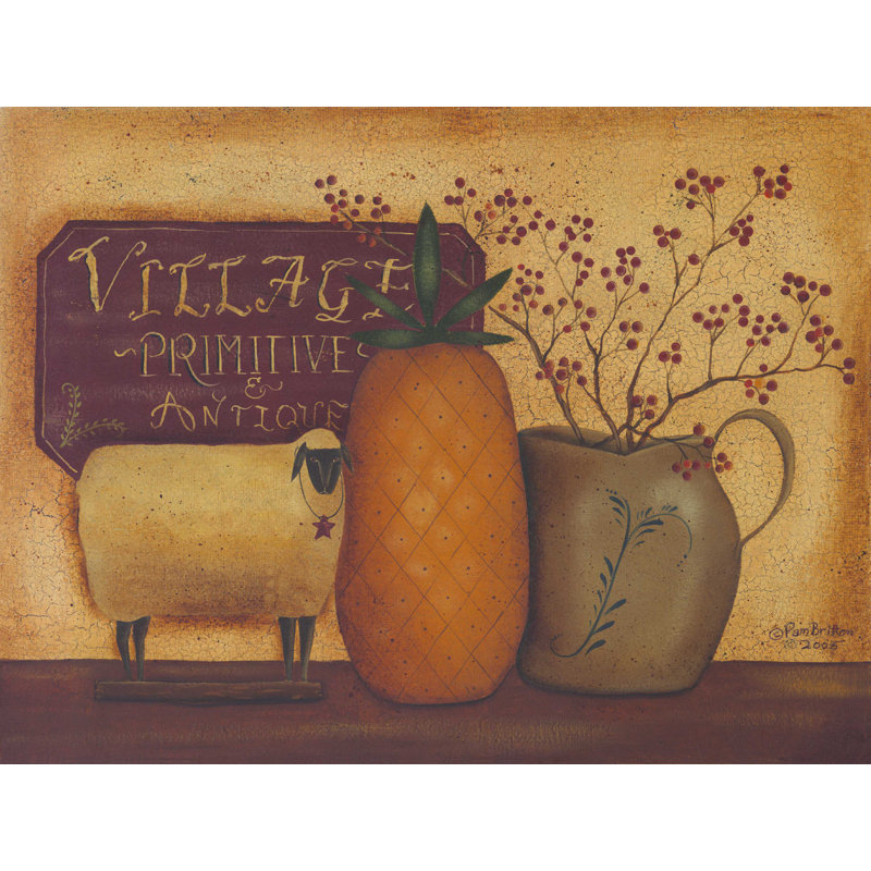 «Sheep and Pineapple» par Pam Britton - reproduction d'art sur toile tendue, H 12 po x l 16 po