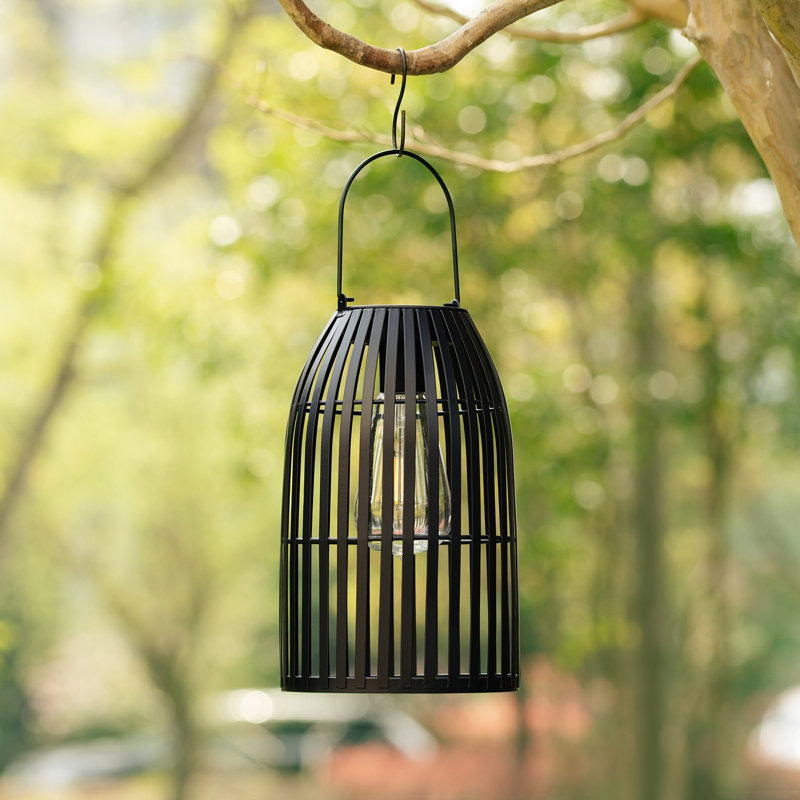Nyota 9.75" Metal Woven Solar Powered  Outdoor Hanging Lantern, Matte Black
