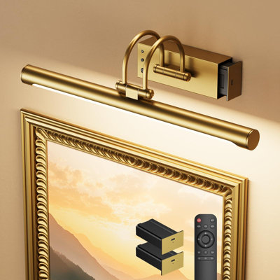 Picture Light with Remote, Wireless Wall Light for Artwork & Frames, Rechargeable LED Gallery Lamp, Dimmable with Timer, Adjustable Metal Design, (Brass)