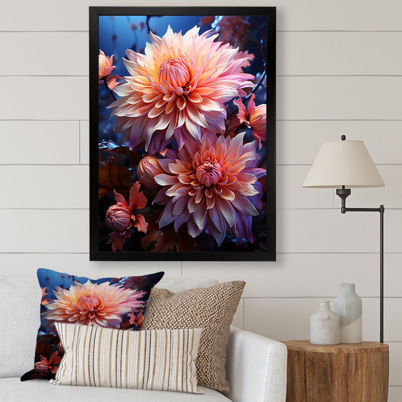 Rose et bleu, floraison de chrysanthèmes, art mural - Chrysanthèmes, H 20 po x l 12 po x P 1 po, Cadre photo noir simple