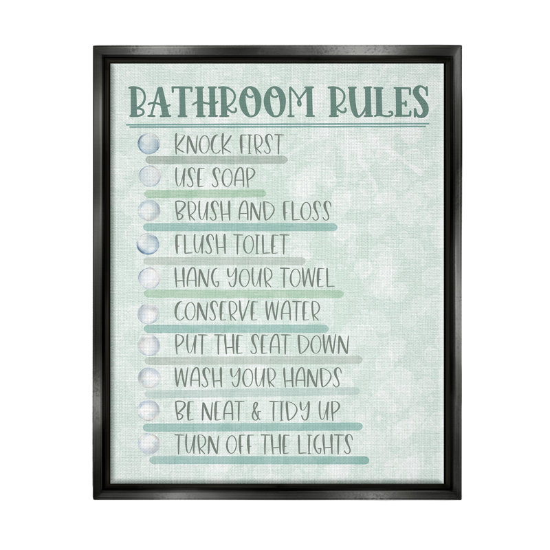 «Bathroom Rules on Green», H 21 po x l 17 po x P 1,7 po, Cadre flottant noir de jais