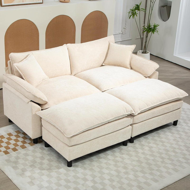 Upholstered U-Shape Sectional With Two Ottomans, 34.6" H x 80" W x 57.8" D, Beige Chenille