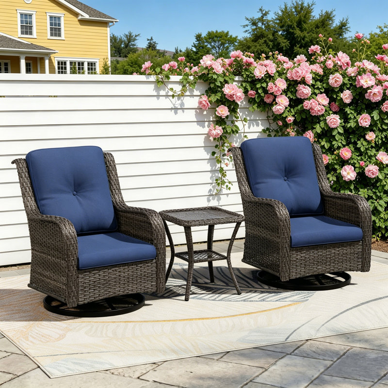 2-Person Outdoor Patio Conversation Rattan Seating Group With 1 Coffee Table,2 Swivel Chairs and Blue Cushions, Blue