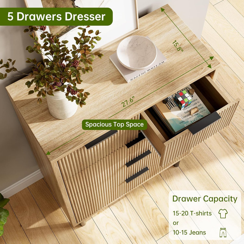 37.4" Tall Fluted 5-Drawer Dresser, Wood Chest with Metal Legs for Entryway
