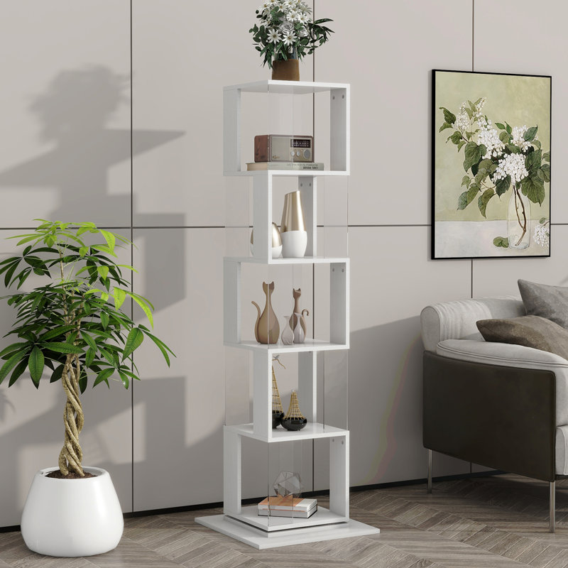 Bibliothèque rotative à 5 niveaux, bibliothèque simple avec plaque en acrylique, Blanc