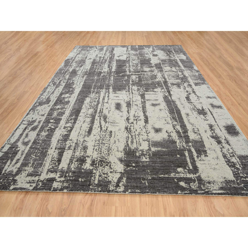 Tapis oriental noir tissé à la main 9 pi x 12 pi noir, laine et soie végétale ton sur ton, jacquard 8A16FDB13FE04EA09489EC0186C3FBA2