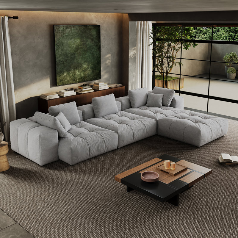 148'' Upholstered Sofa, 4-seater Oversize Cloud Sofa Couch with Ottoman Modular Sectional Sofa Modern Sofa for Living Room Bedroom Apartment