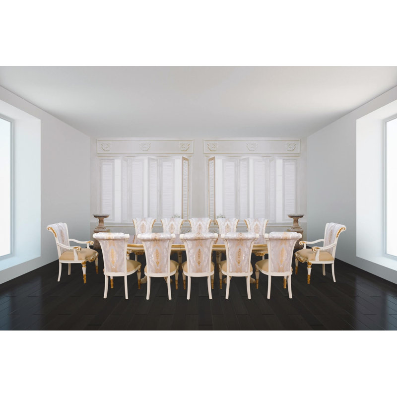 Beardmore Extendable Pedestal Dining Set, 11 Piece Dining Set, Natural Wood/Beige & Gold, Light sand beige