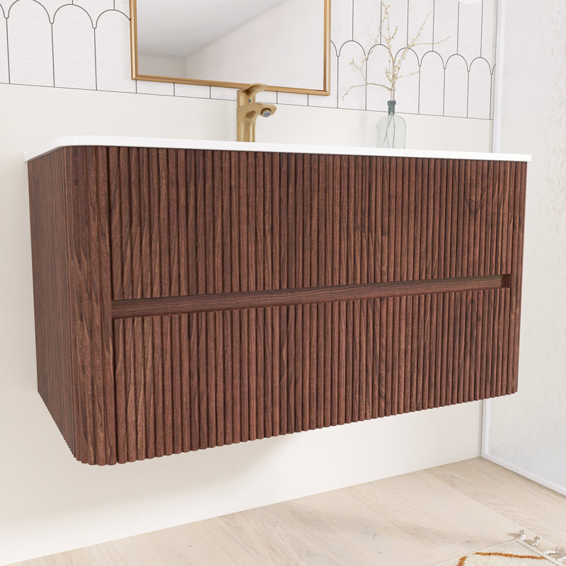 35,75 po X P 18,31 po P 20,4 po Meuble-lavabo mural simple H en noyer foncé avec plateau en céramique blanche