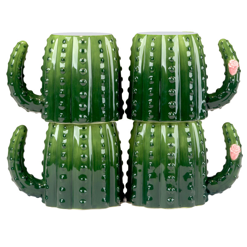 Ensemble de 4 tasses 3D Cactus Verde 5,5 po x 4,25 po x 4,25 po 18 oz