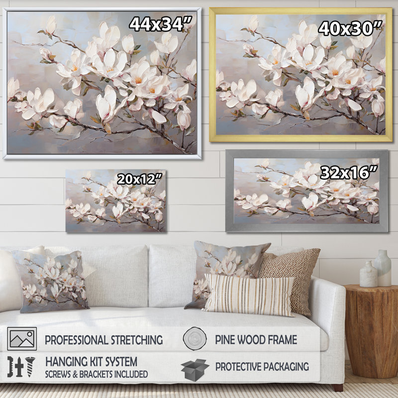 Magnolias roses I, Cadre simple argenté, H 12 po x l 20 po x P 1 po