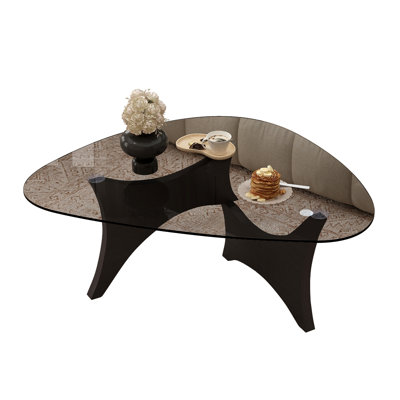 Modern Glass Coffee Table with Black Wood Base, Mid-Century Style, 32.3" L x 23" W x 16" H