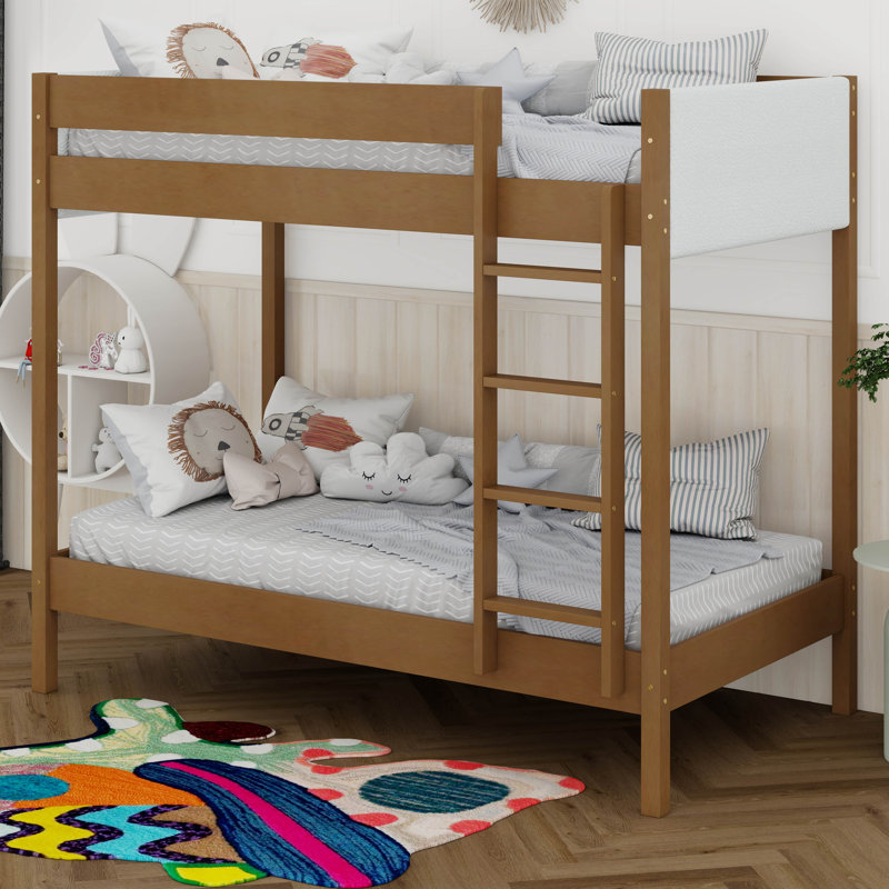 Twin Over Twin Upholstered Bunk Bed Frame With Ladder, Safety Guardrails