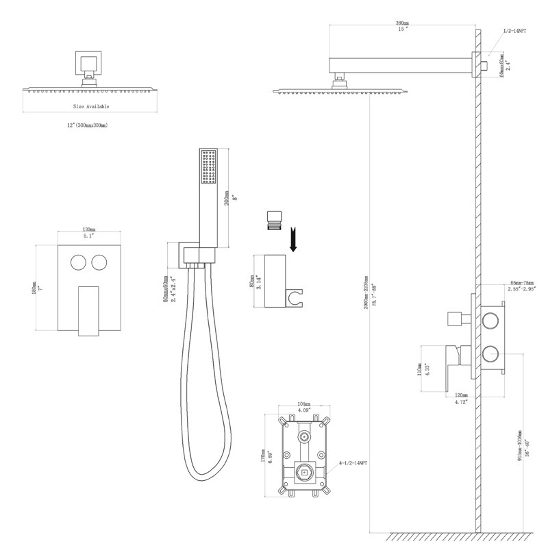 12 Inch Square Dual Shower Head Wall Mounted Matte Black System, - Scald Balanced, 360 Adjustable Rainfall Shower, Handheld For Tailored Use With Balanced Valve,  Thin Head, Rotation, And Easy