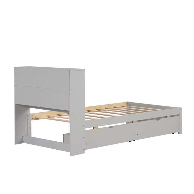 Structure de lit simple moderne avec tête de lit bibliothèque, port USB intégré et 2 tiroirs de rangement, lit robuste pour la chambre à coucher