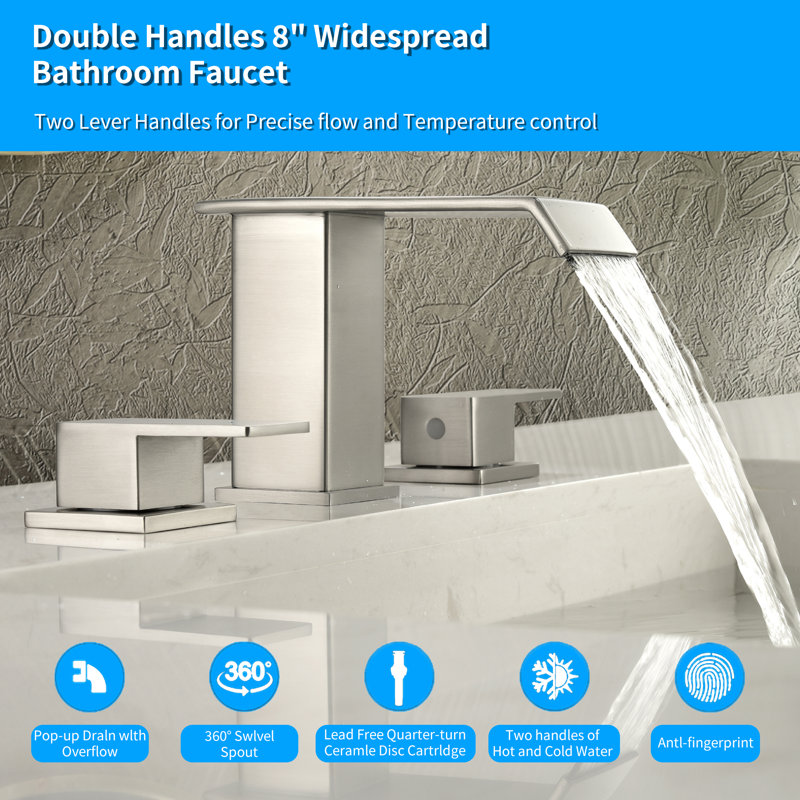 Waterfall 8 In. Widespread Double-Handle Bathroom Faucet Set 3-Holes Vanity Sink With Metal Drain, Brushed Nickel