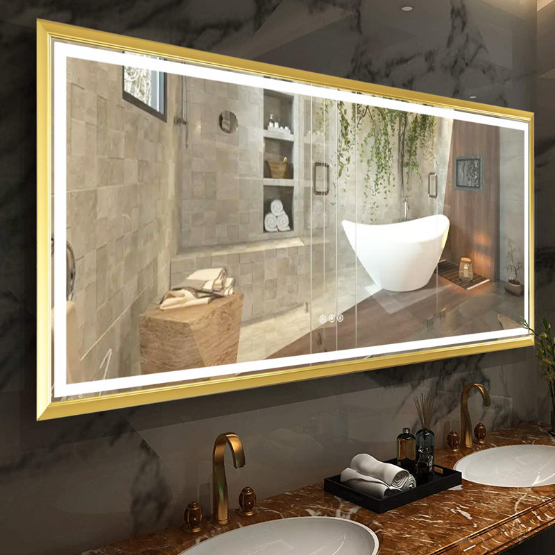 Novel Rectangular Modern LED Light Anti-Fog Bathroom Glass Hanging Mirror, 38" x 88", Gold