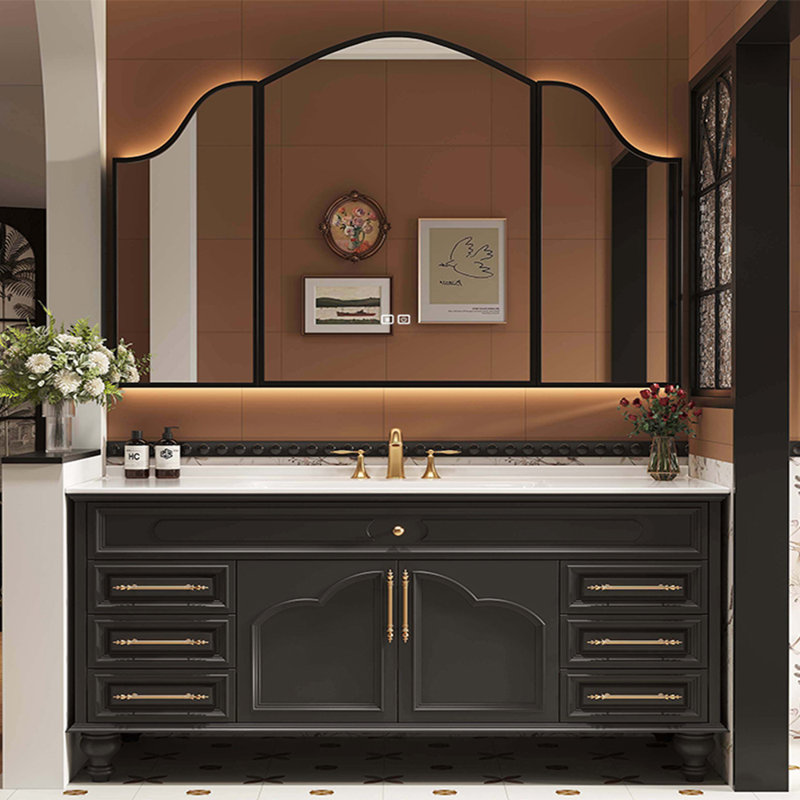 Armoire de salle de bain moderne de style français, 59", Noir, noir, noir, noir