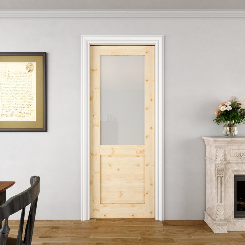 Porte intérieure en bois de pin et verre givré demi-lustre intérieur, porte à gousset massif de style colonial, verre trempé certifié SGCC, cadre solide et ensemble de quincaillerie, porte de chambre à coucher coulissante, sans finition et à peindre, pour garde-manger, chambre à coucher, salle de bain et garde-robe, 32 po x 80 po "